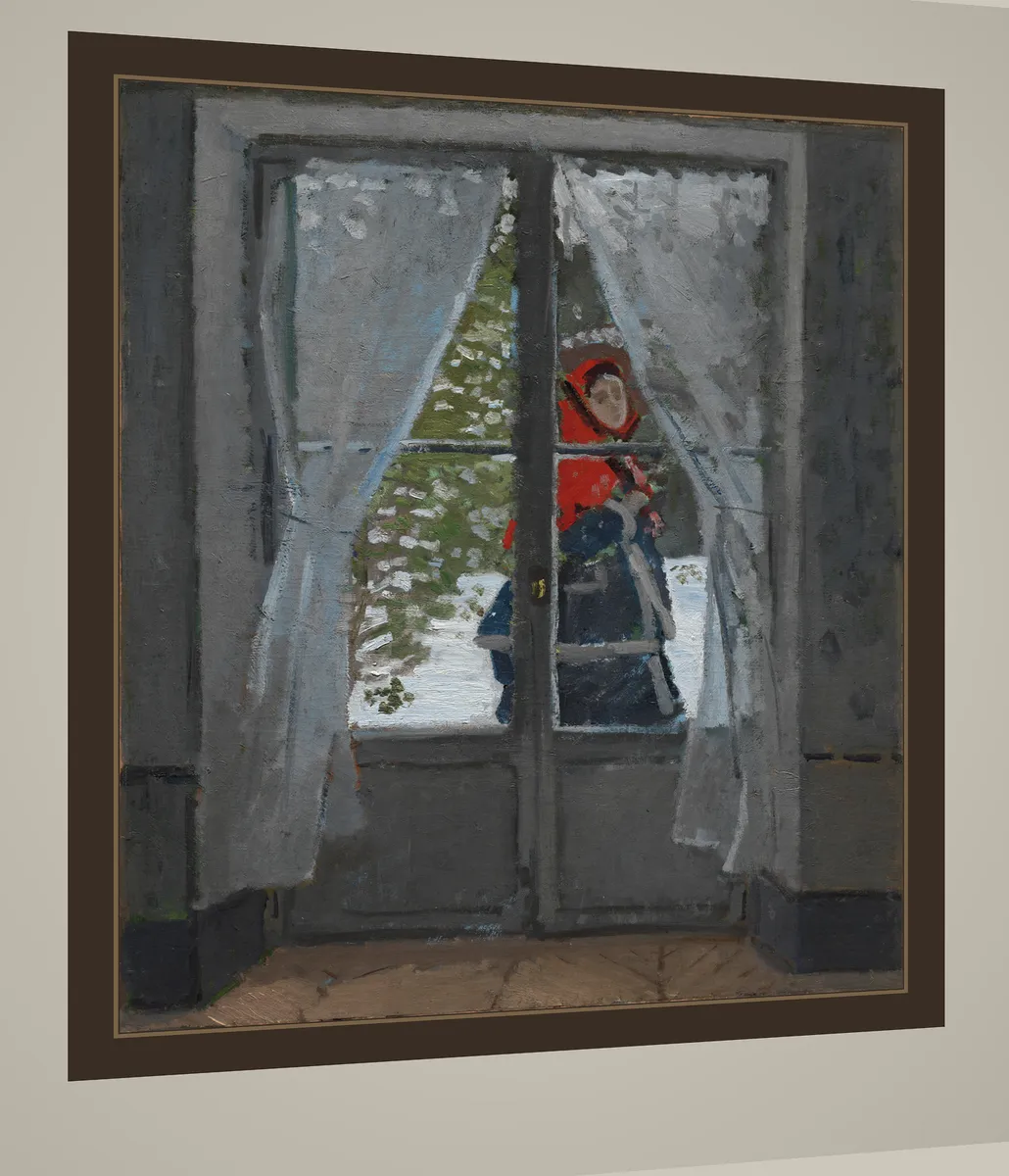 Simulated gallery photo, taken at an angle of The Red Kerchief by Claude Monet