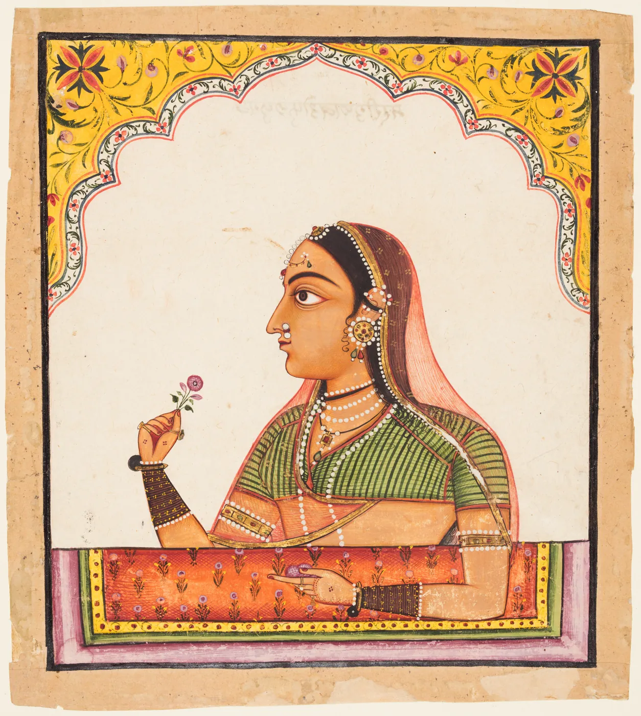 Noblewoman at a Jharokha Window Holding a Rose by Sawar, Rajasthan, c. 1730